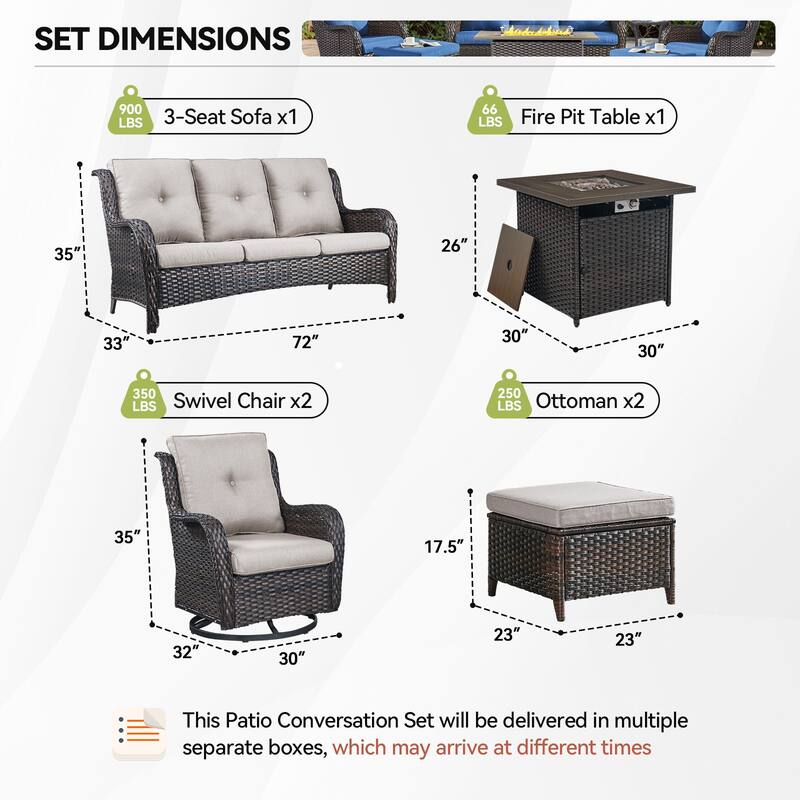 Fire Pit Table with Sofa 2 Swivel Chairs Ottomans Brown-Beige - Brown