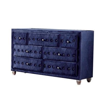 Velvet-like Upholstered Dresser with 7 Drawers in Blue