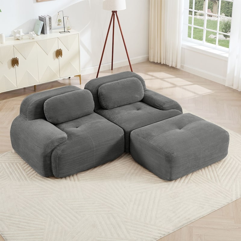 Rossetta 82'' Simplified Anti-Slip Style L-shaped Premium Corduroy Fabric Modular Loveseat Sofa with Curved Armrests, 1 Ottoman
