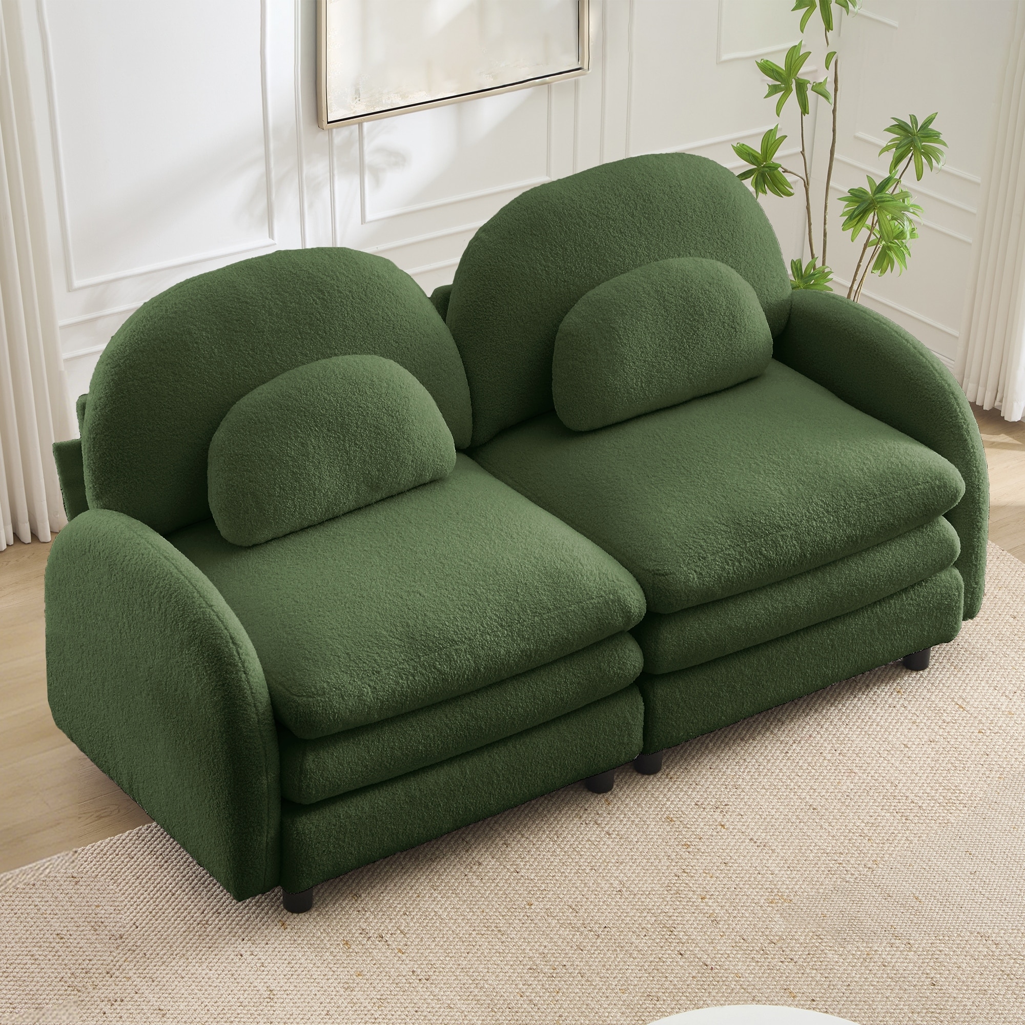 Green Loveseat Sofa Couch with Curved Backrest, Modular 2 Seater Couch with Curved Lumbar Pillows & Armrest