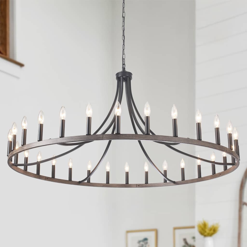 52-Inch Farmhouse 30-Light Wagon Wheel Chandelier Large Round Pendant Light for High Ceilings