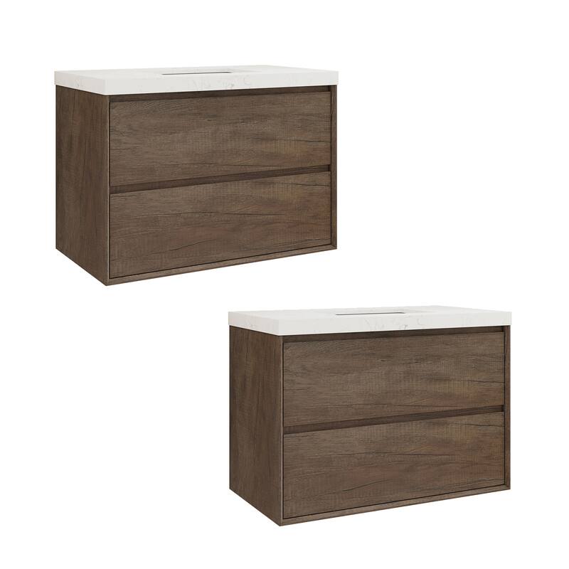 Sylphar 36 inch Bathroom Vanity with Sink, Floating Oak Cabinet with Stone Top - 2 Sets Of Antique Oak Vanities