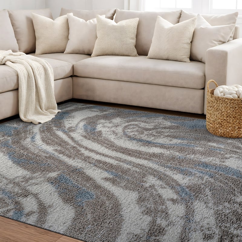 Marble Swirl Shag Rug - Blue - Medium Pile - Great for Living Room, Bedroom, or Entryway