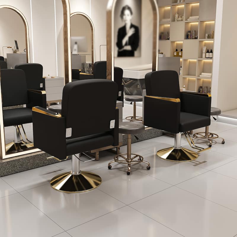 Roomfitters Hydraulic Salon Chair with 360° Swivel, Heavy Duty Barber Stylist Chair with Non-Tilting Gold Base, Black and Gold - Black