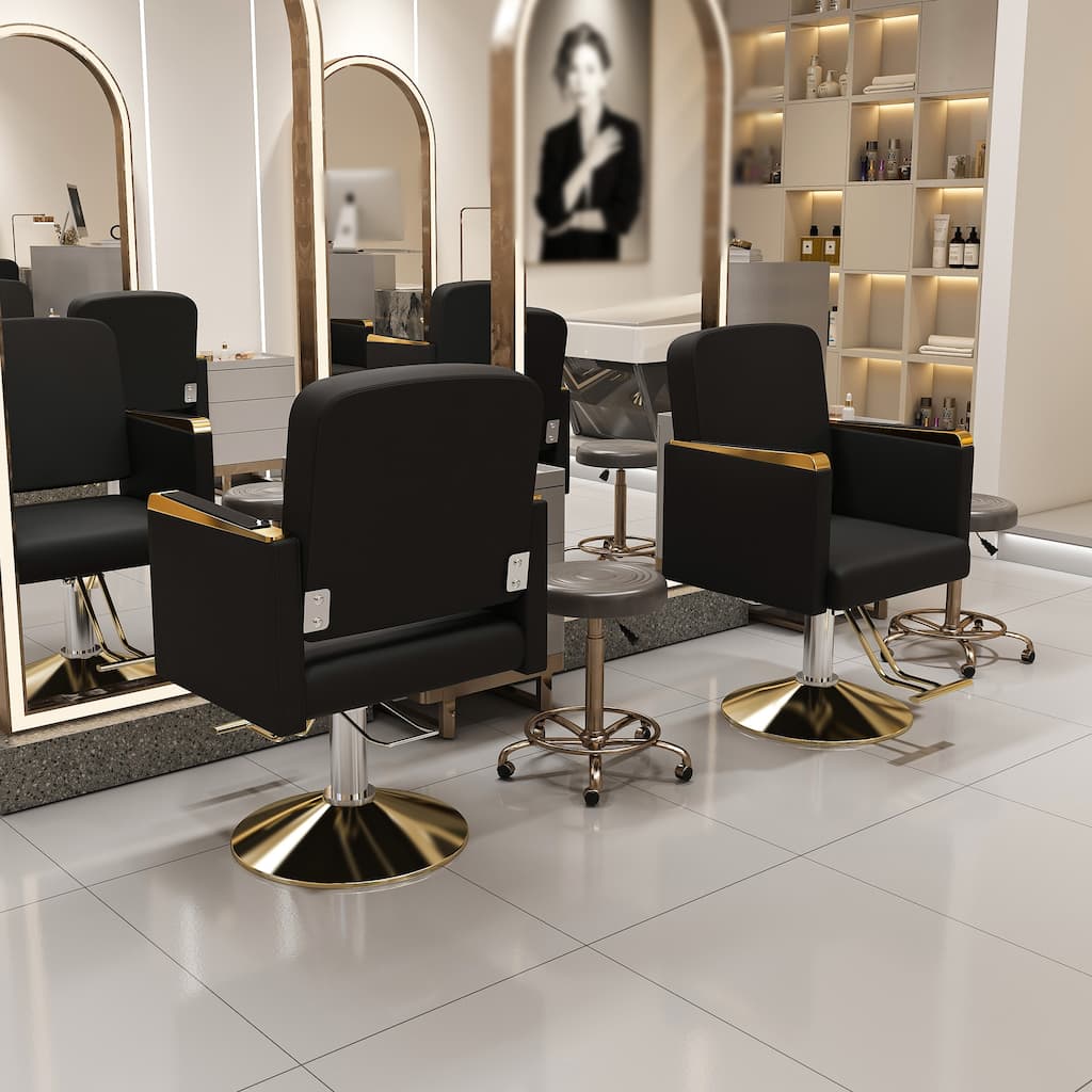 Roomfitters Hydraulic Salon Chair with 360° Swivel, Heavy Duty Barber Stylist Chair with Non-Tilting Gold Base, Black and Gold