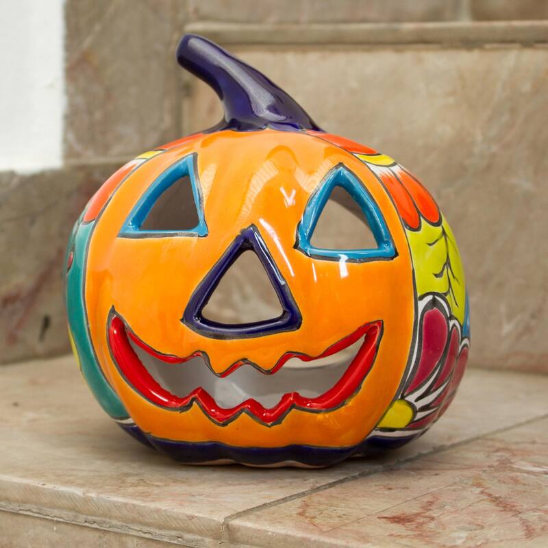 Novica Handmade Floral Halloween Ceramic Candle Holder