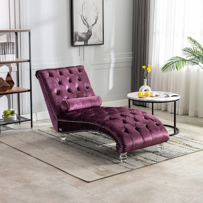 PUrple Modern 63.98" Upholstered Buttons Tufted Chaise Lounge Chair with Pillow and Acrylic Legs