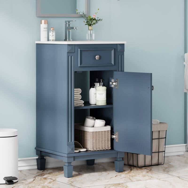 Small Bathroom Vanity Cabinet Single Vanity Set with Ceramic Sink - Blue - 18 Inch