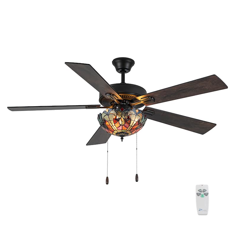 52" W Halston Indoor Tiffany Stained Glass Oil Rubbed Bronze Ceiling Fan with Remote Control - Spice