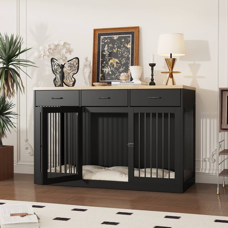Furniture Style Dog Crate with Storage Drawers, Large Dog Kennel Cabinet with Wood Top, Double Door Pet Crate End Table - Black