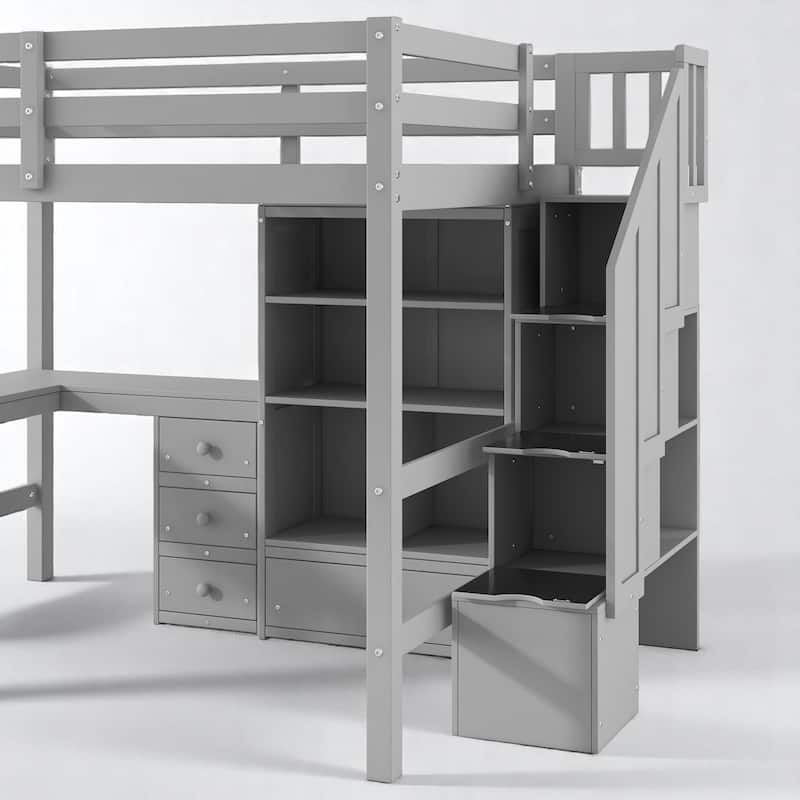 Space-Saving Full Loft Bed with Storage Stairs, Desk, Drawers & Cabinet - Solid Pine & MDF Construction