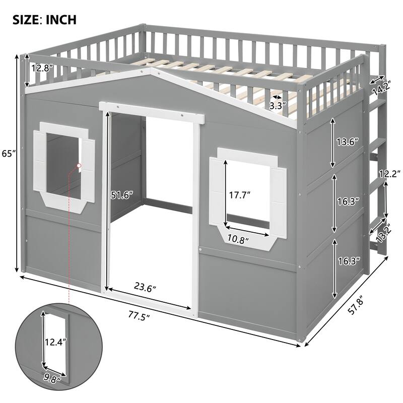 Full Size Solid Wood House Loft Bed with Ladder