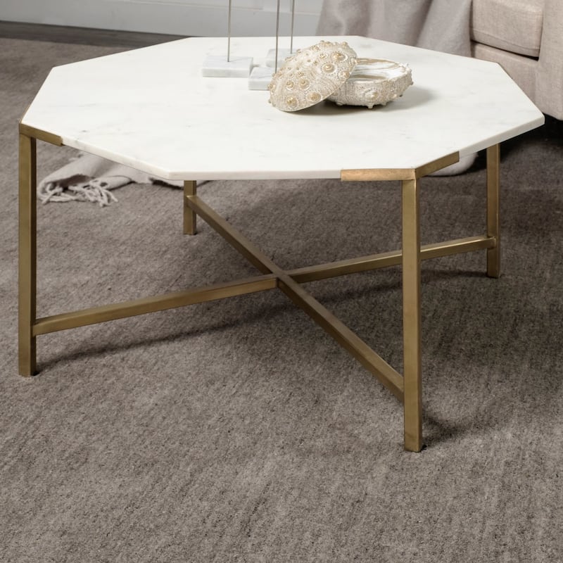 Vincent II White Marble and Iron Octagon Side Tables (Set of Two)