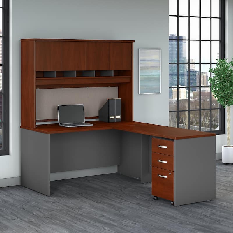 Series C 60W L Desk with Hutch and Drawers by Bush Business Furniture - Hansen Cherry