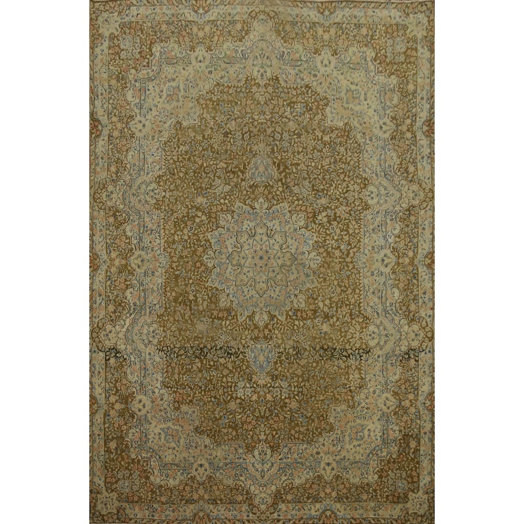 Hand Knotted Oriental 100% Wool Carpet Traditional Floral Brown Kerman Area Rug - 13' 4'' X 9' 6''