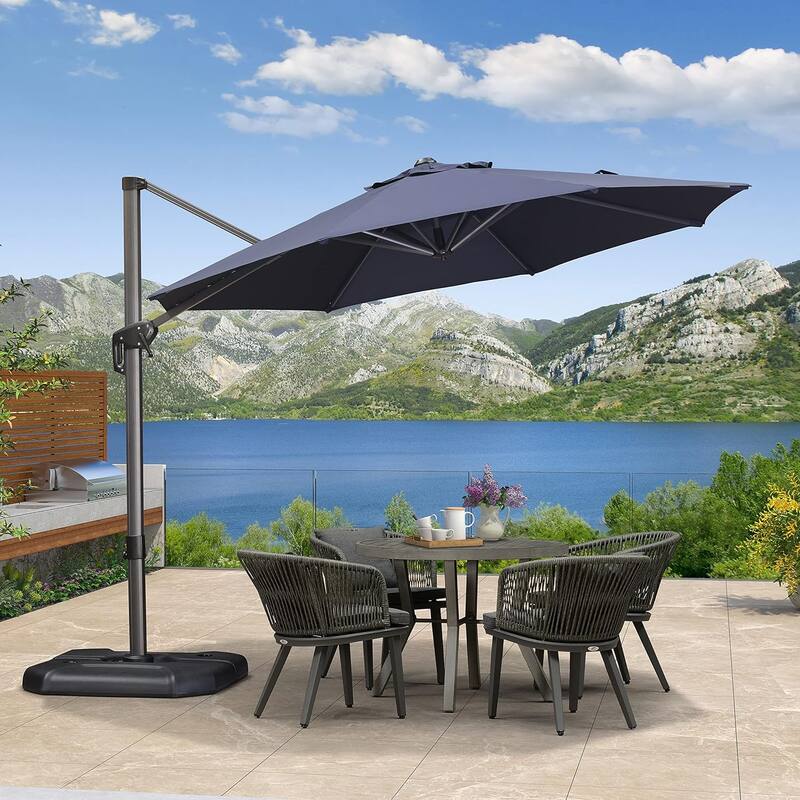 PURPLE LEAF 10 ft 360 Degree Rotation Patio Umbrella With Base - Navy Blue