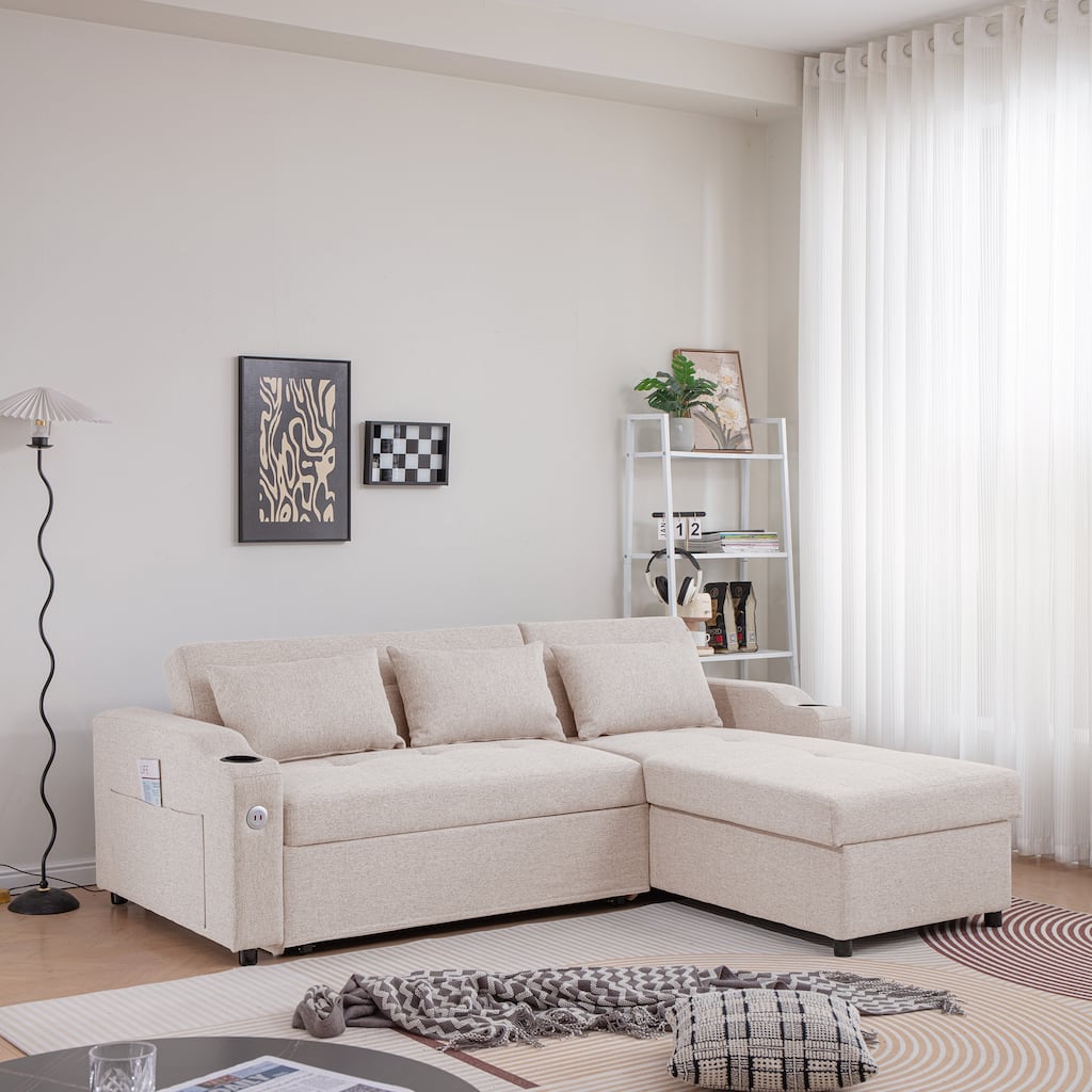3 In 1 Adjustable Sleeper Sofa Couch with USB Port & Cupholders