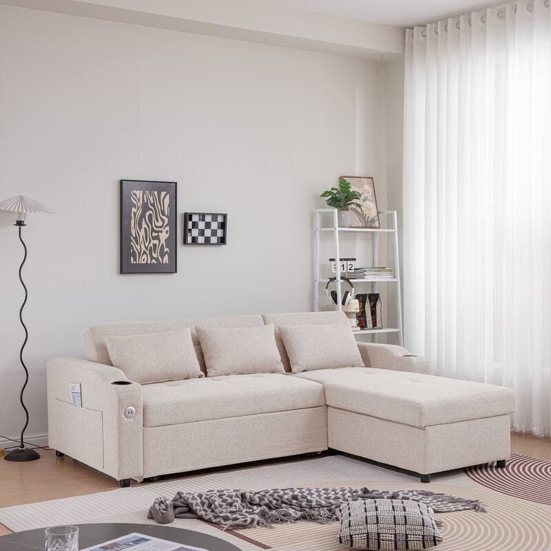3 In 1 Adjustable Sleeper Sofa Couch with USB Port & Cupholders