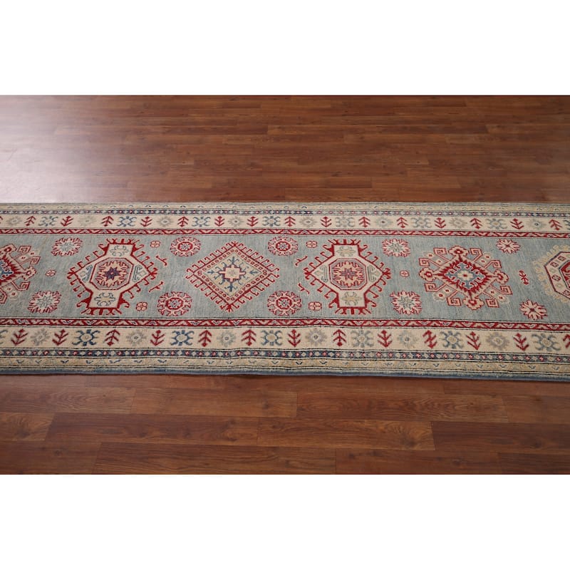 Geometric Kazak Oriental Runner Rug Hand-Knotted Blue Wool Carpet - 2'3" x 13'2"