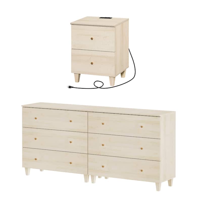 6-Drawer Dresser and Nightstand Set for Bedroom, 70.8" Wide - Light Oak - 2 Piece