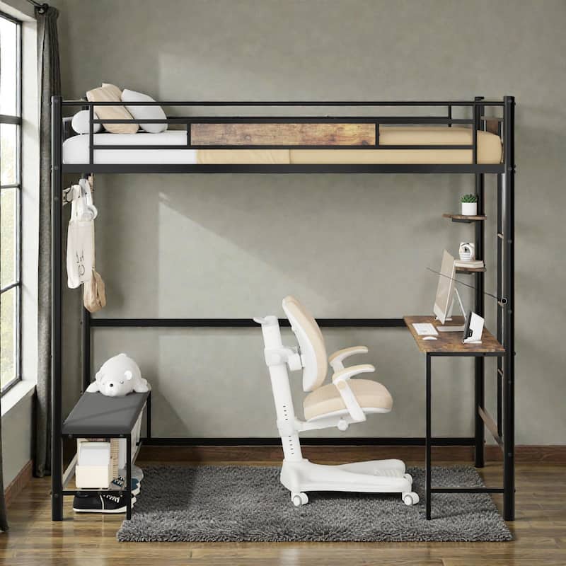 Twin Loft Bed Frame with Storage, L-Shaped Desk, Coat Rack, Shoe Bench, Shelves & Power Outlet, Metal No-Box-Spring Design - Brown - Twin