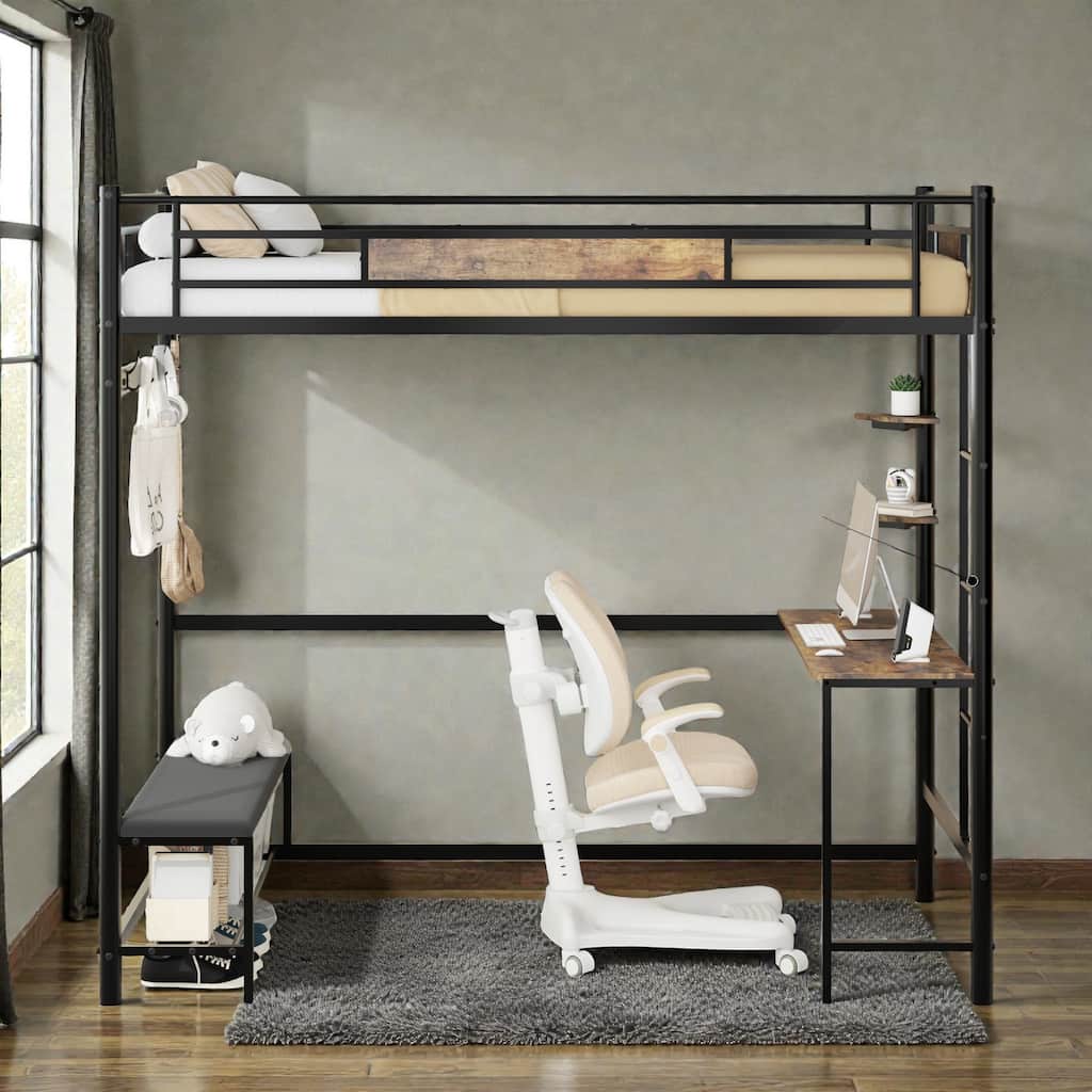 Twin Loft Bed Frame with Storage, L-Shaped Desk, Coat Rack, Shoe Bench, Shelves & Power Outlet, Metal No-Box-Spring Design