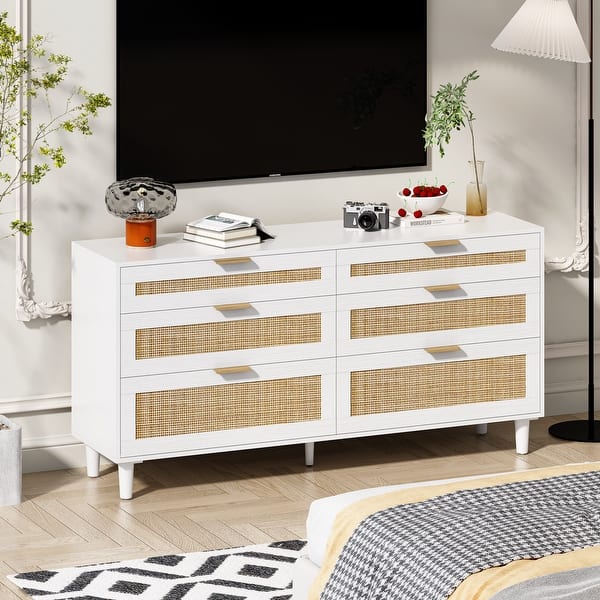 59" Rattan Dresser with 6 Drawers,Clothes Storage Cabinet,Metal Handle&Wood Legs for Bedroom - Bed Bath & Beyond - 42363680 59" Rattan Dresser with 6 Drawers,Clothes Storage Cabinet,Metal Handle&Wood Legs for Bedroom - Bed Bath & Beyond - 42363680