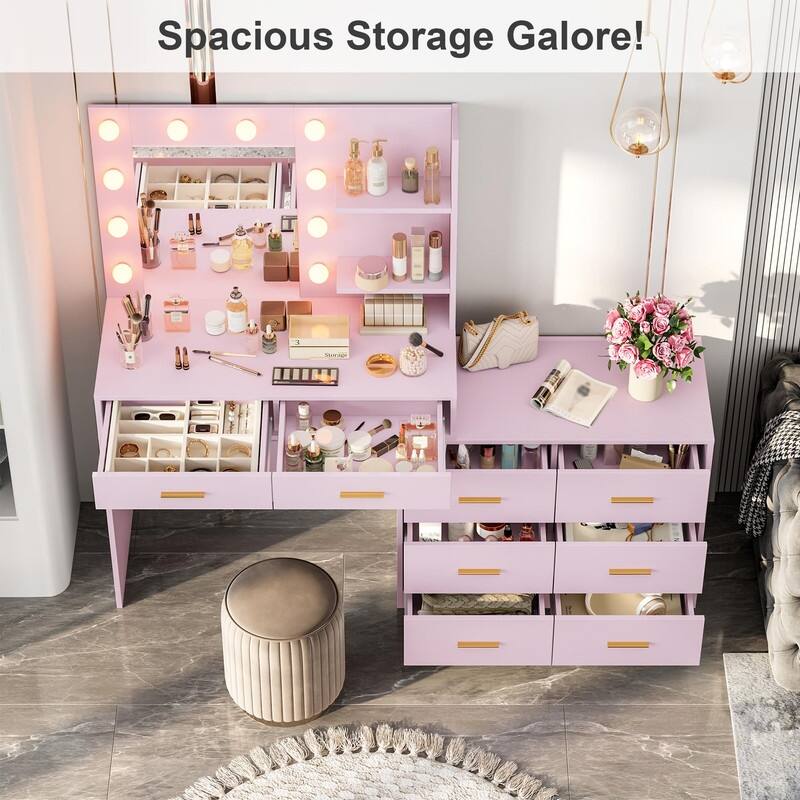 61" Makeup Vanity Desk with Mirror and Lights, 8 Drawers, 2 Shelves