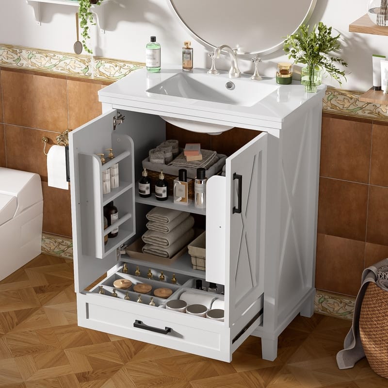 24" Bathroom Vanity with Single Sink, 2 Soft-Close Doors, 1 Divided Drawer