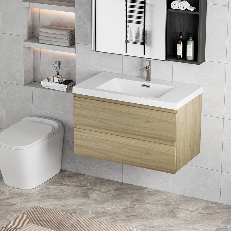 35.5-Inch Floating Bathroom Vanity with Glossy Resin Sink, Ash Grey Color, Wall-Mounted Design, 2 Drawers