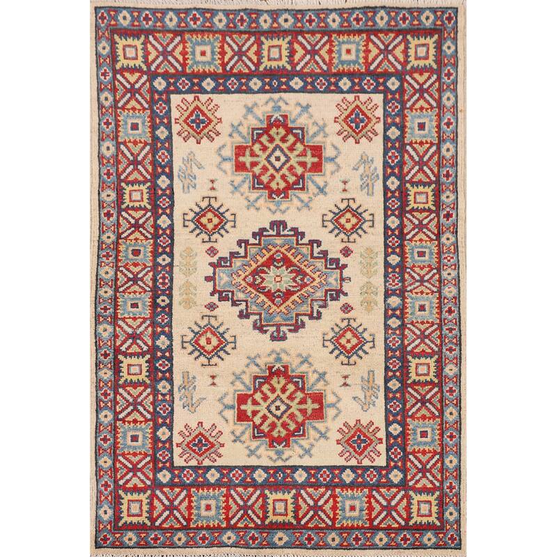 Geometric Kazak Rug Handmade Wool Carpet - 2'10" x 4'3"