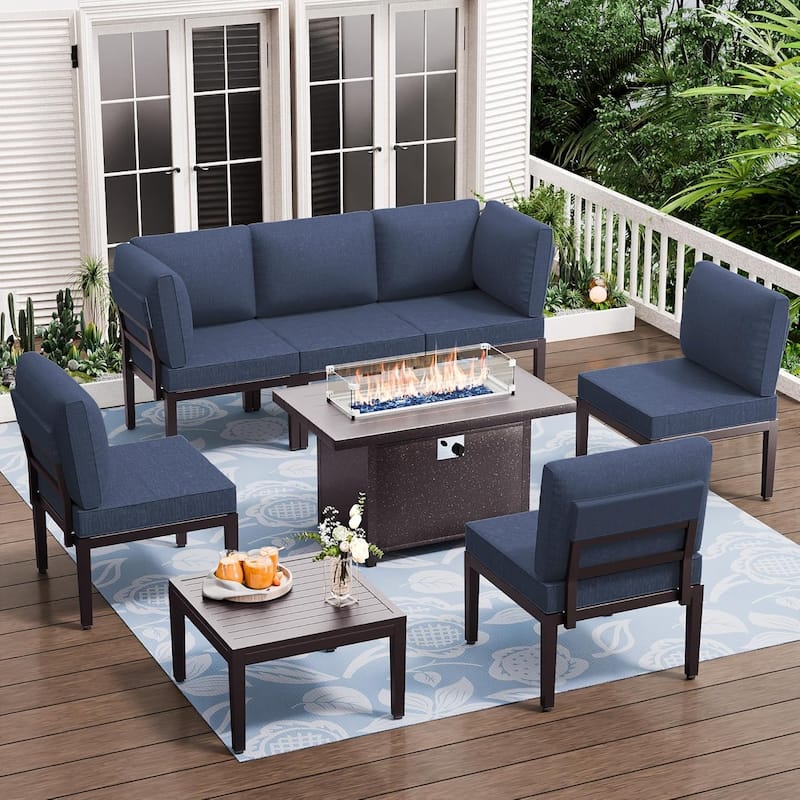 Kullavik 7 Piece Outdoor Furniture Set, Modern Metal Sectional Sofa with Thick Cushions and Coffee Table - Navy Blue - 7Pcs w/Firepit