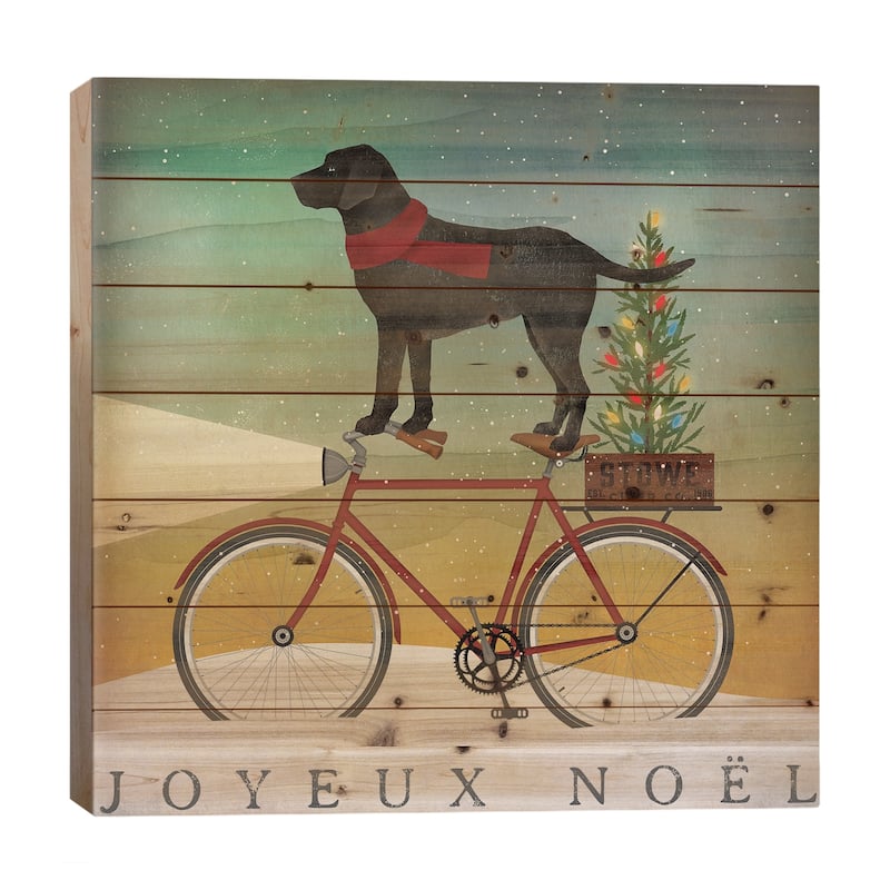 Black Lab on Bike Christmas Print On Wood by Ryan Fowler - Multi-Color - 26x26x1.5