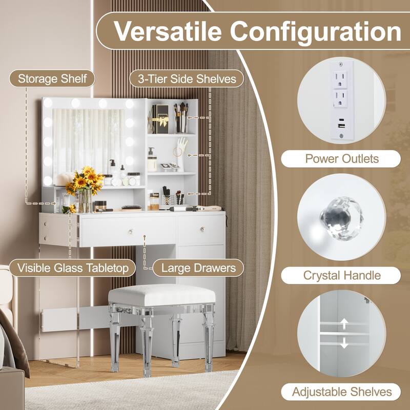 Vanity Desk with Mirror & Lights, Glass Top Dressing Table, Makeup Table with Charging Station, 2 Drawers & Cabinet