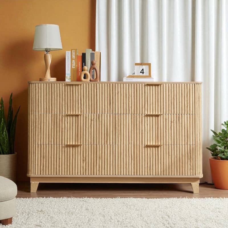 Modern 6 Drawer Dresser with Wave Front Design, Wide Storage Chest and TV Stand, 55" Wooden Organizer Cabinet - Oak