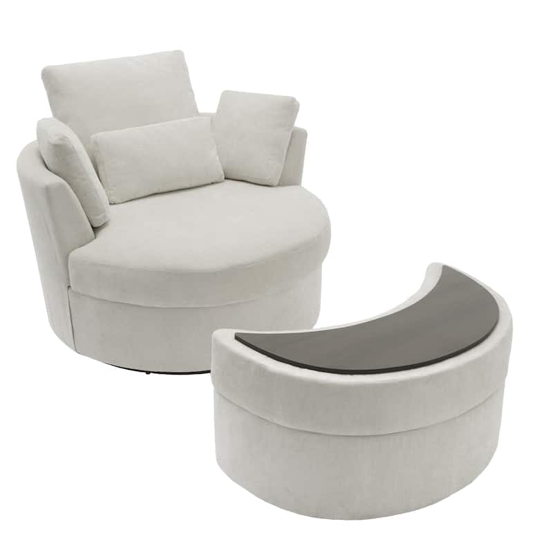 Upholstered Swivel Accent Chair with Wooden Tray Storage Ottoman