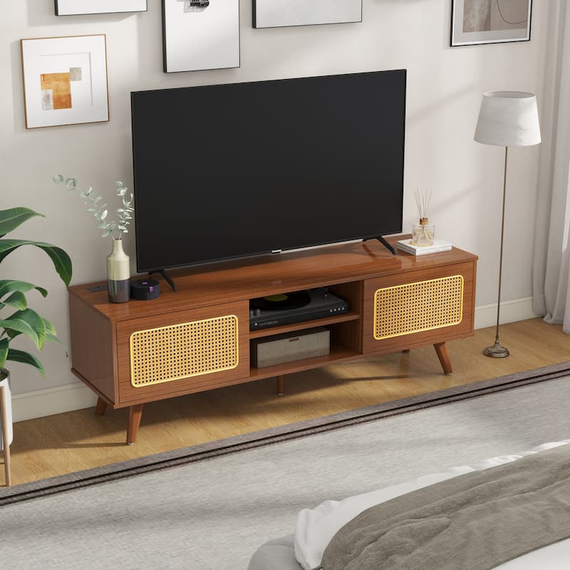 TV Stand with Rattan Cabinet Doors, Entertainment Center with Shelves and 2 Cabinets, Console Table with Solid Wood Feet