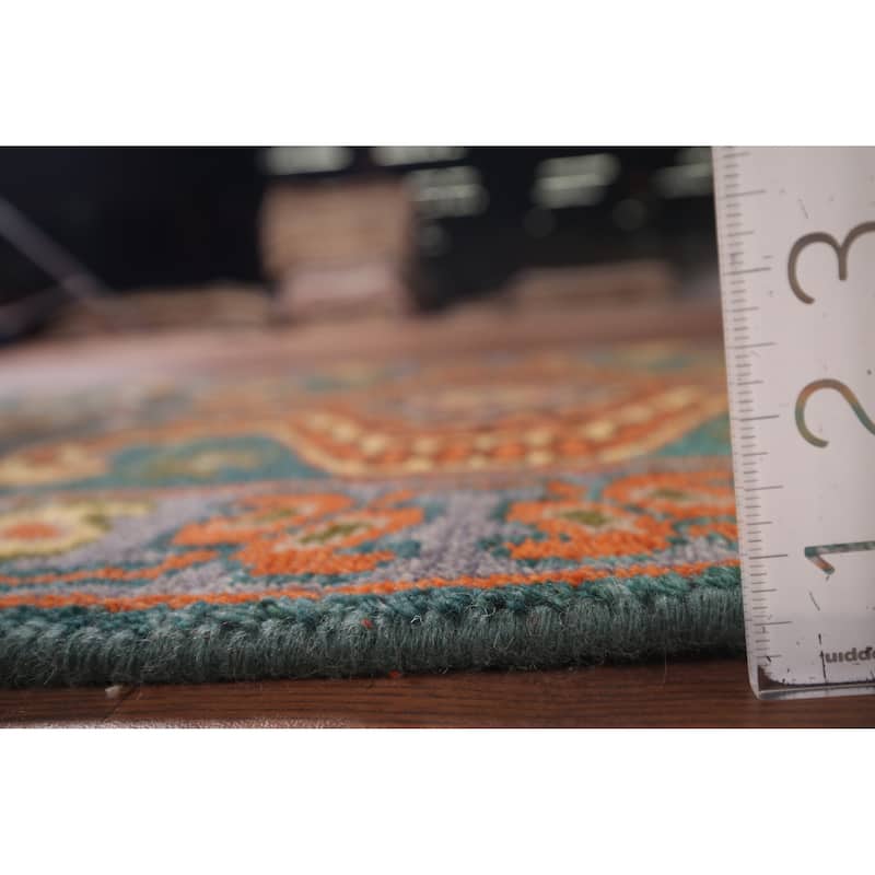 Green Geometric Kazak Indian Runner Rug Hand-Knotted Wool Carpet - 2'5"x 9'9"