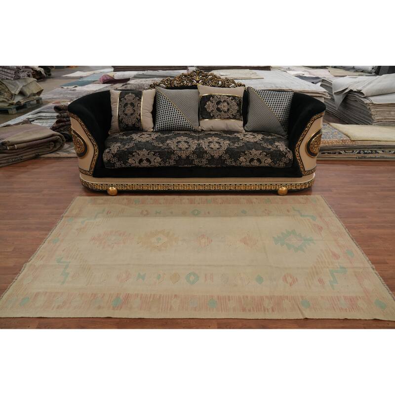 Hand Woven Oriental 100% Wool Carpet Southwestern Tribal Beige & Ivories Kilim Area Rug - 7' 10'' X 4' 8''