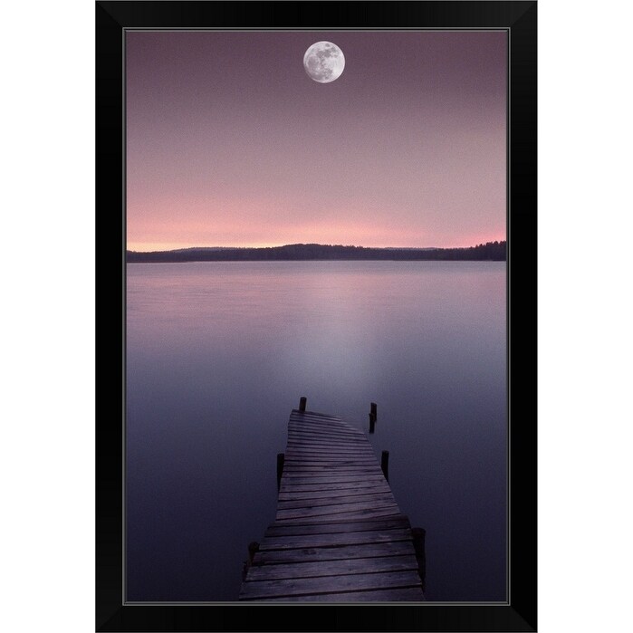 Shop Moon Over Lake With Pier At Dusk Black Framed Print On Sale Overstock