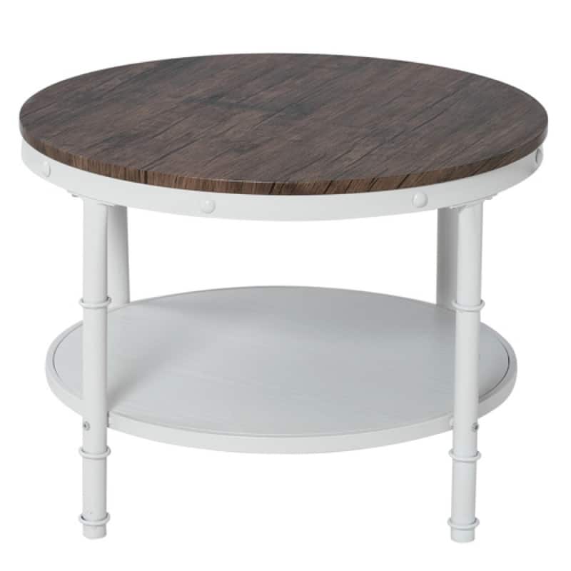 Double-layer Round Dark Walnut-colored Black-veined MDF Panel, White Wrinkled Baked Iron Frame, Industrial Style Coffee Table