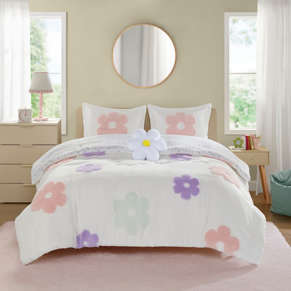 Intelligent Design Kids Gracie Floral Reversible Tufted Chenille Comforter Set with Flower Throw Pillow