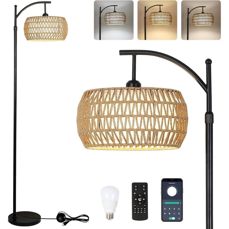 Arc Floor Lamp with Remote Control,Dimmable LED Lamp with 3 Color Temperature,Standing Lamp with Rattan & Fabric Drum Shade - Brown+Black