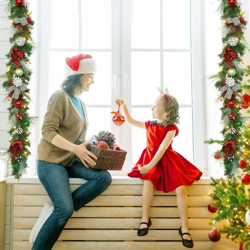 6FT Battery Powered Xmas Garland Prelit Lights Indoor/Outdoor with Timer - N/A