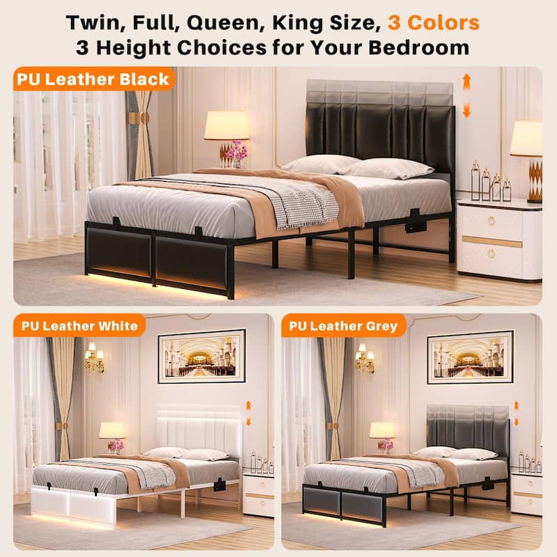 Platform Bed Frame with Ajustable Upholstered Headboard, Bed with USB Port and Charge Station