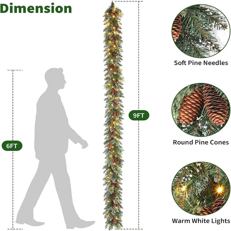 9 Feet Pre-Lit Christmas Garland with Lights 30 LED Battery Operated Christmas Lights with Pine Cones Berry Eucalyptus Leaves