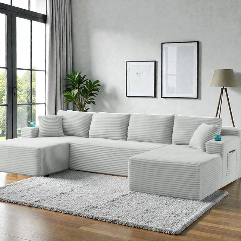 Compressible U-Shaped Modular Sectional Sofa, Corduroy Cloud Couch, 6-Seat Minimalist Living Room Sofa