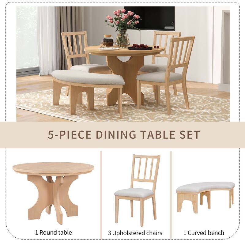 Roomfitters Round Pedestal Dining Table Set, 3 Upholstered Chairs, Curved Bench, 5-Piece Kitchen Furniture