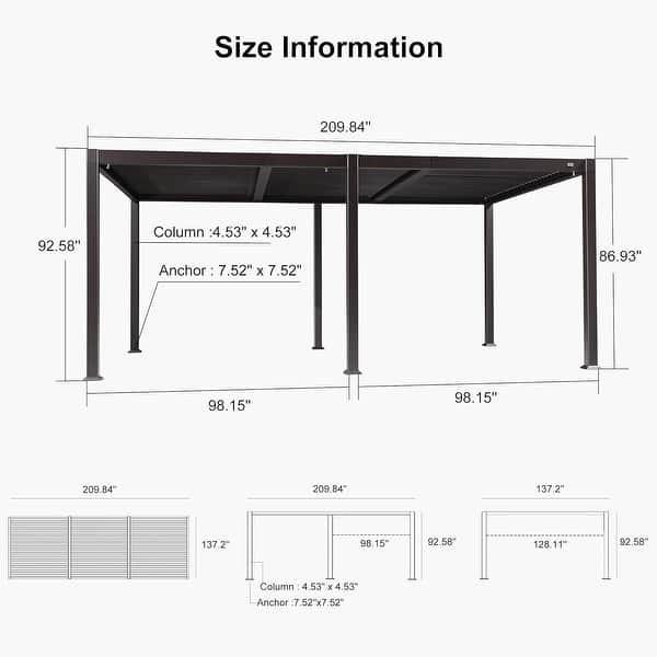 dimension image slide 34 of 36, PURPLE LEAF Outdoor Louvered Pergola with Adjustable Metal Roof for Patio Pergola