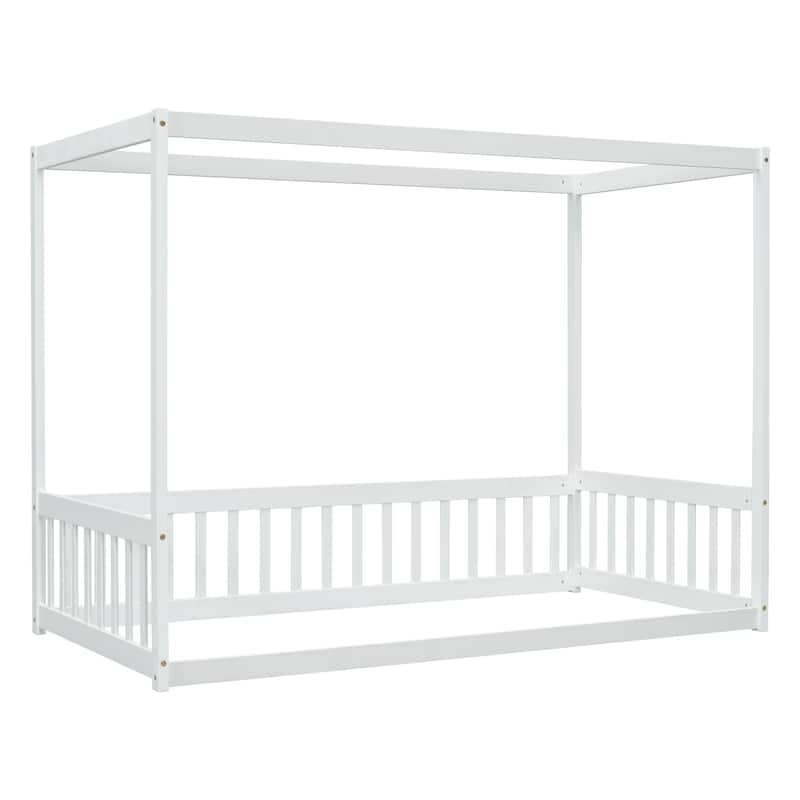 Canopy Frame Floor Bed with Fence and Guardrails
